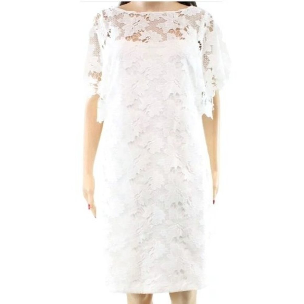 Lauren Ralph Lauren Womens Floral Lace Sheath Dress Short Sleeve White Size 0
